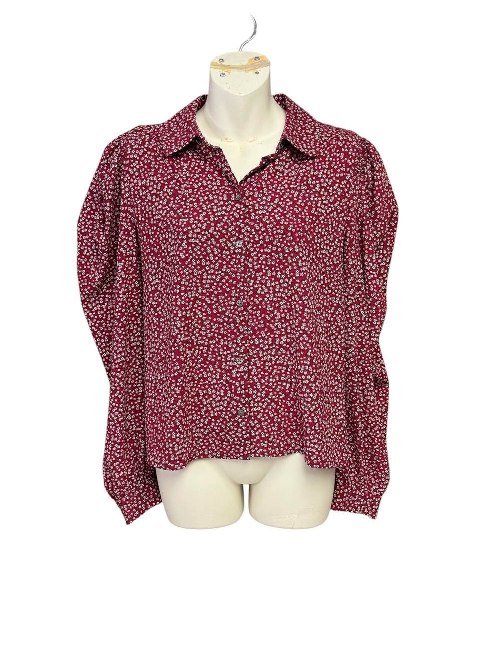 CeCe size XS NWT Burgundy Floral Button-Down Shirt puffed sleeves